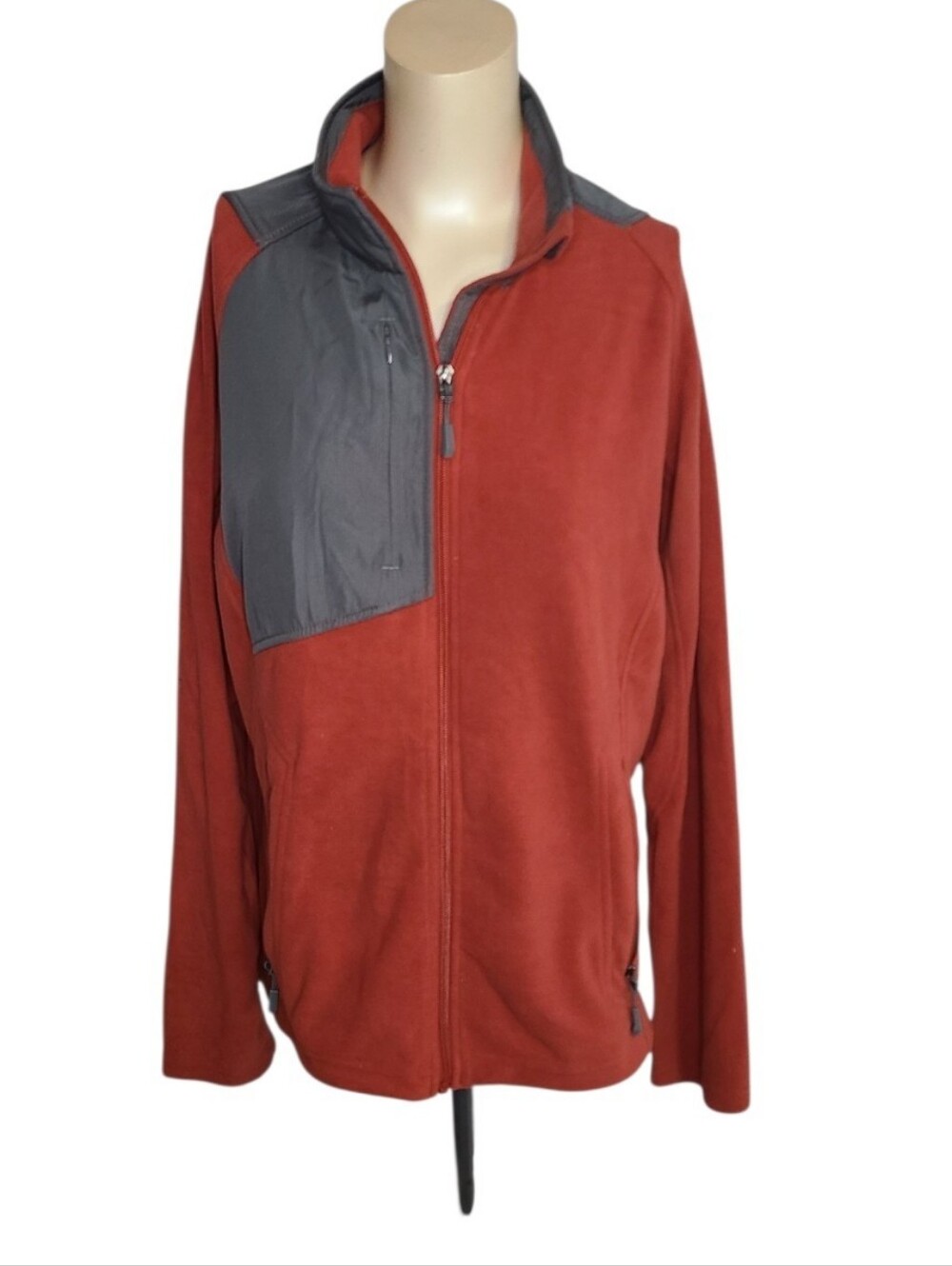 North End Red/Brown Gray Full Zip Lightweight Fleece Jacket Pocket XL